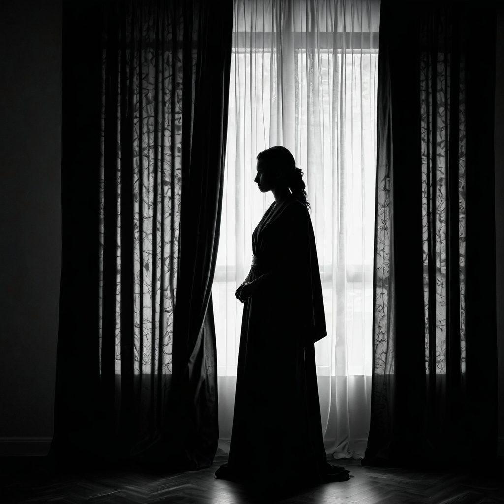 A mysterious silhouette standing behind a flowing curtain, with shadows depicting societal pressures and hidden emotions. Symbols of love, control, and conflict softly illuminated around the figure, contrasting dark and light tones. A subtle reflection of a chaotic cityscape in the curtain fabric represents the unseen societal impact. mood of intrigue and contemplation. surreal art style. muted colors with pops of red.