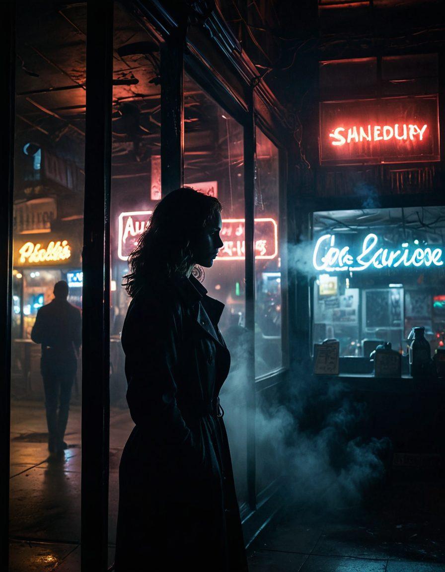 A haunting and thought-provoking scene depicting a shadowy figure behind a blurred glass, representing the hidden struggles within the adult industry. The background features a dimly lit urban setting with neon signs flickering, contrasting light and darkness to symbolize the duality of the topic. Wisps of smoke curl around, adding an air of mystery and intrigue. super-realistic. dark tones. cinematic lighting.