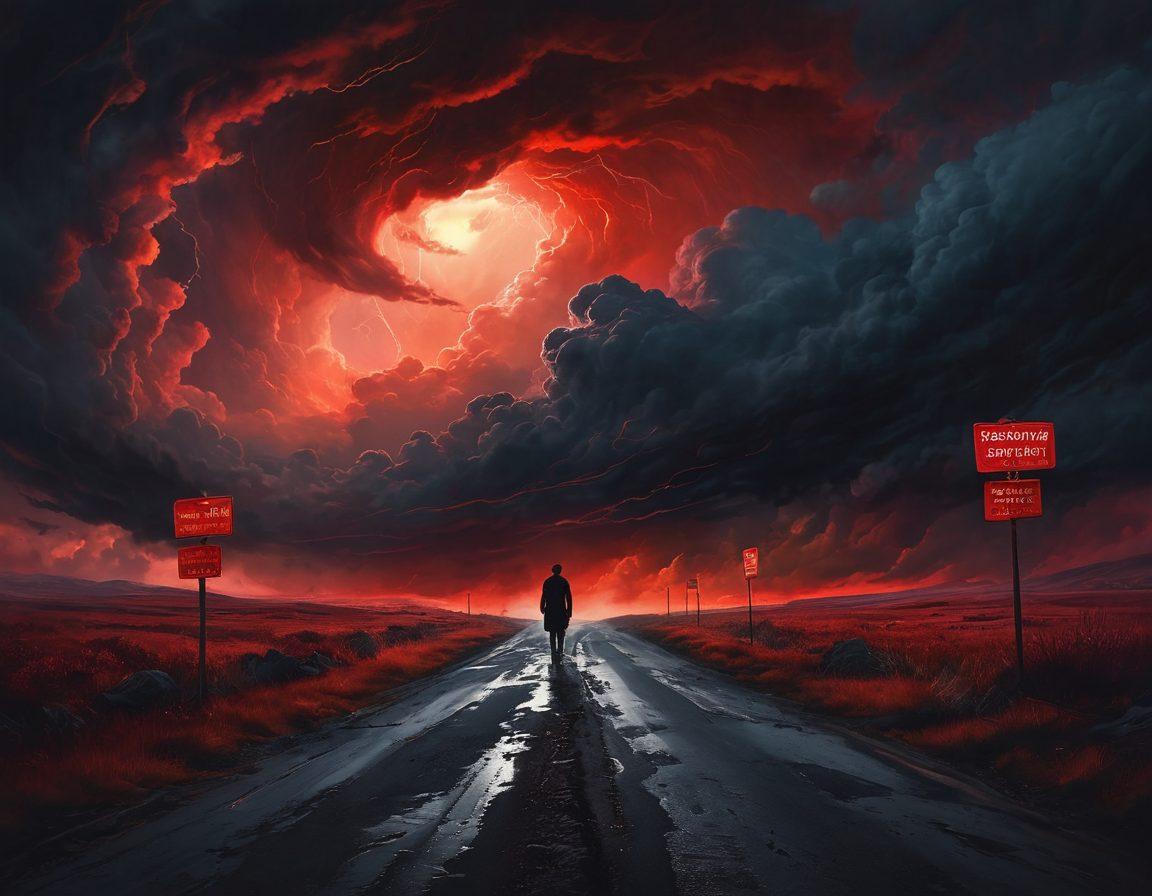 A thought-provoking illustration depicting a silhouette of a person standing at a crossroads under a stormy sky, with dark ominous clouds swirling above and a path leading to a blurred, haunting figure representing the taboo nature of non-consensual adult content. One side of the path is illuminated with glowing red signs for awareness and consent, while the other fades into shadows. The color scheme should evoke strong emotions, highlighting the gravity of the topic. digital painting. dark and moody atmosphere. vibrant accents.